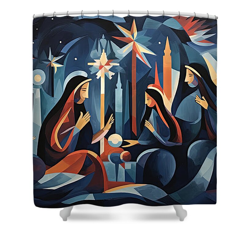 Nativity Art Shower Curtain featuring the painting Starburst Messiah - Modern Nativity Explodes with Joyful Light by Lourry Legarde