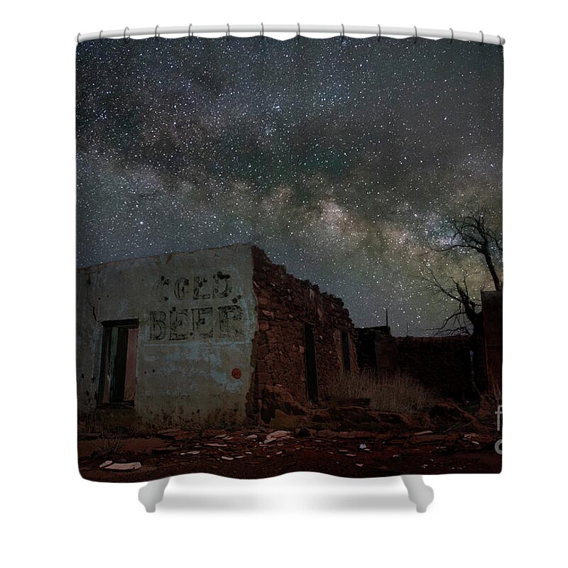 Milky Way; Star Trails; Astrophotography; Spirituality; Built Structure; City; Architecture; Outdoors; Landmark; Historical Landmark; Tranquil Scene; Past; History; Travel Destinations; Old Ruin; Usa; Bar; Ancient; Stone; Night; Color Image; Abandoned; Old Building; Ruins; Ruin; Night Photography; Cantina; New Mexico Shower Curtain featuring the photograph Starlight Cantina by Keith Kapple