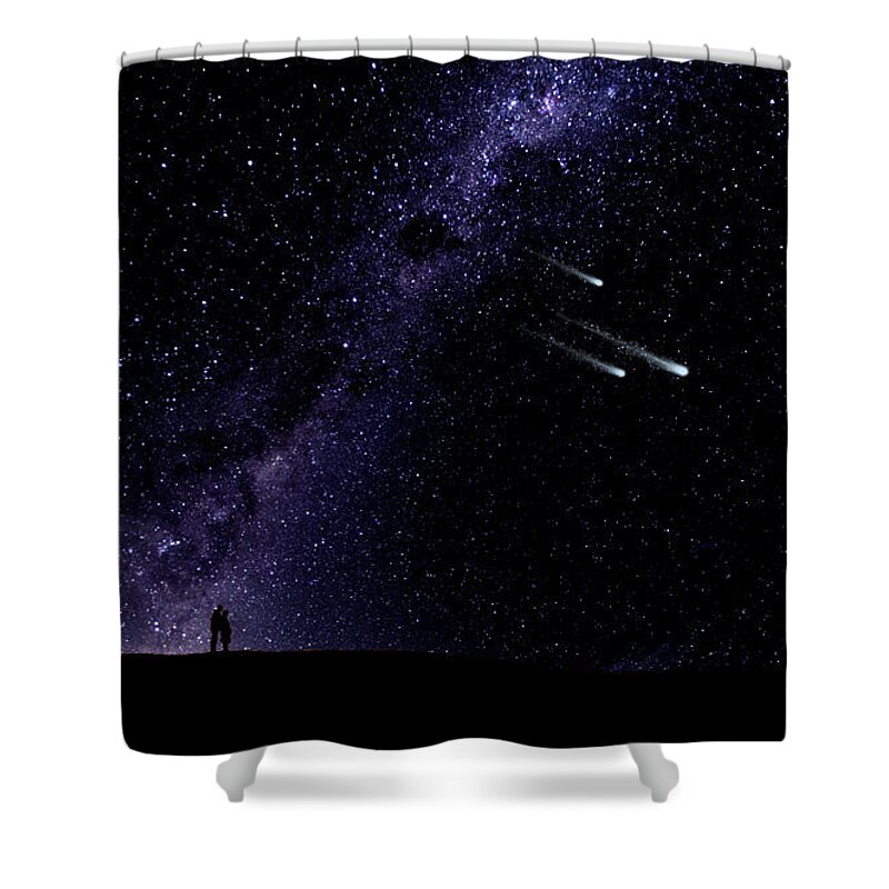 Starry Couple Watching Meteorites Shower Curtain featuring the painting Starry Couple Watching Meteorites Wall Mural by Frank Wilson