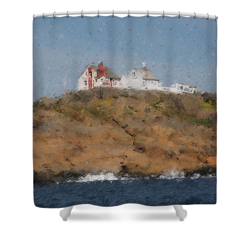 Lighthouse Shower Curtain featuring the digital art Stavernsodden lighthouse by Geir Rosset
