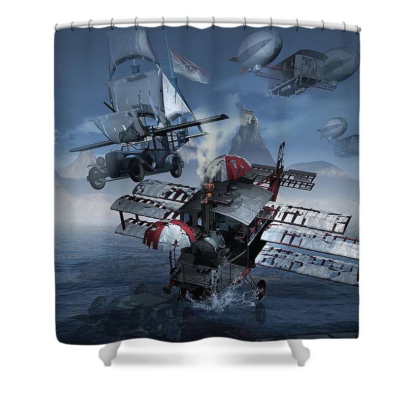 Limited Edition Prints Artist Fine Arts Shower Curtain featuring the digital art Steampunk sky-rover by George Grie