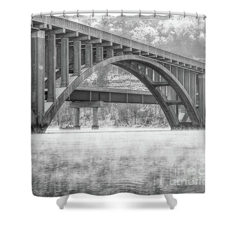 Branson Shower Curtain featuring the photograph Steamy Winter Morning Branson Bridge Grayscale by Jennifer White