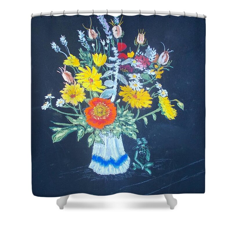 Pastels Shower Curtain featuring the pastel Stella's Flowers from Chester Farm Market by Rae Smith PAC