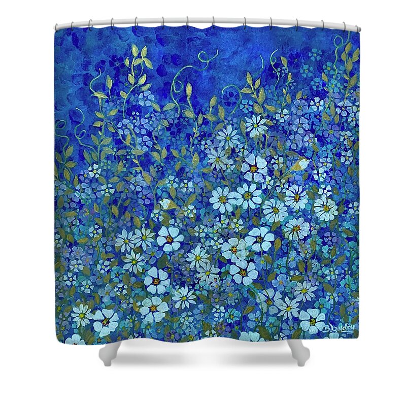 Stencil Shower Curtain featuring the painting Stencil Me Blue by Barbara Landry
