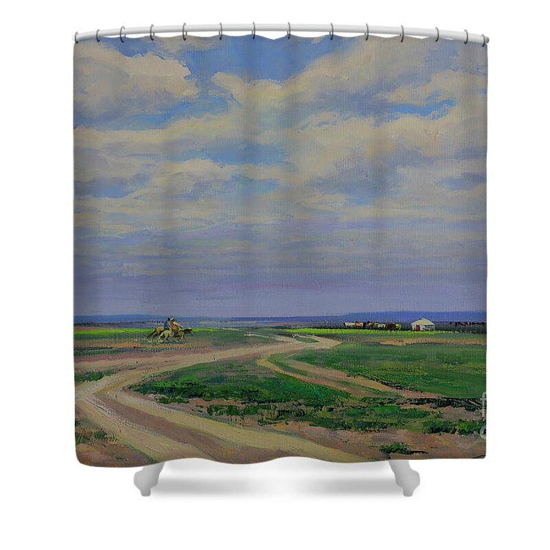 Steppe Family Shower Curtain featuring the painting Steppe family by Badamjunai Tumendemberel