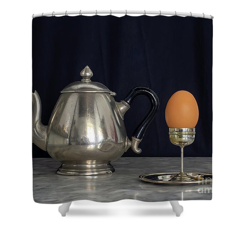 Patina Shower Curtain featuring the photograph Sterling Silver Eggcup and Teapot Black Background Still Life by Pablo Avanzini