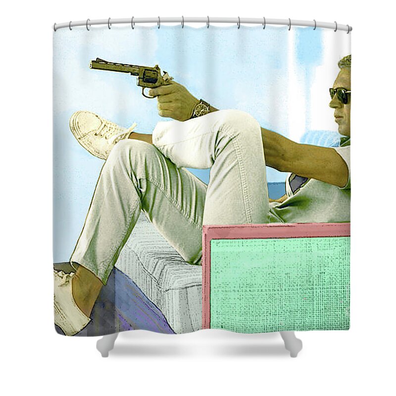 Steve Mcqueen Shower Curtain featuring the mixed media Steve McQueen, Colt revolver, Palm Springs, CA by Thomas Pollart