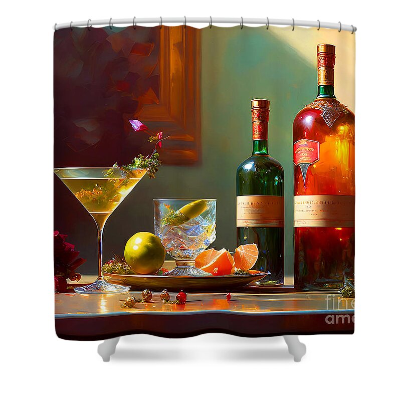 Wingsdomain Shower Curtain featuring the mixed media Still Life A Martini And Other Spirits 20230111e by Wingsdomain Art and Photography