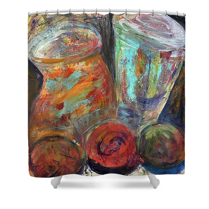  Shower Curtain featuring the mixed media Still Life in Color by Val Zee McCune