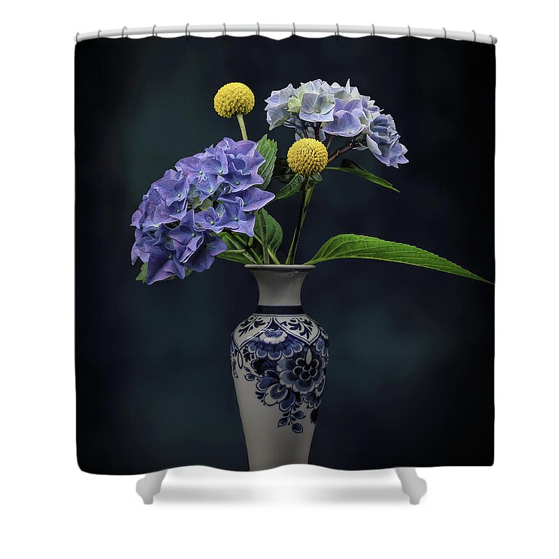Still Life Shower Curtain featuring the digital art Still life blue and yellow by Marjolein Van Middelkoop
