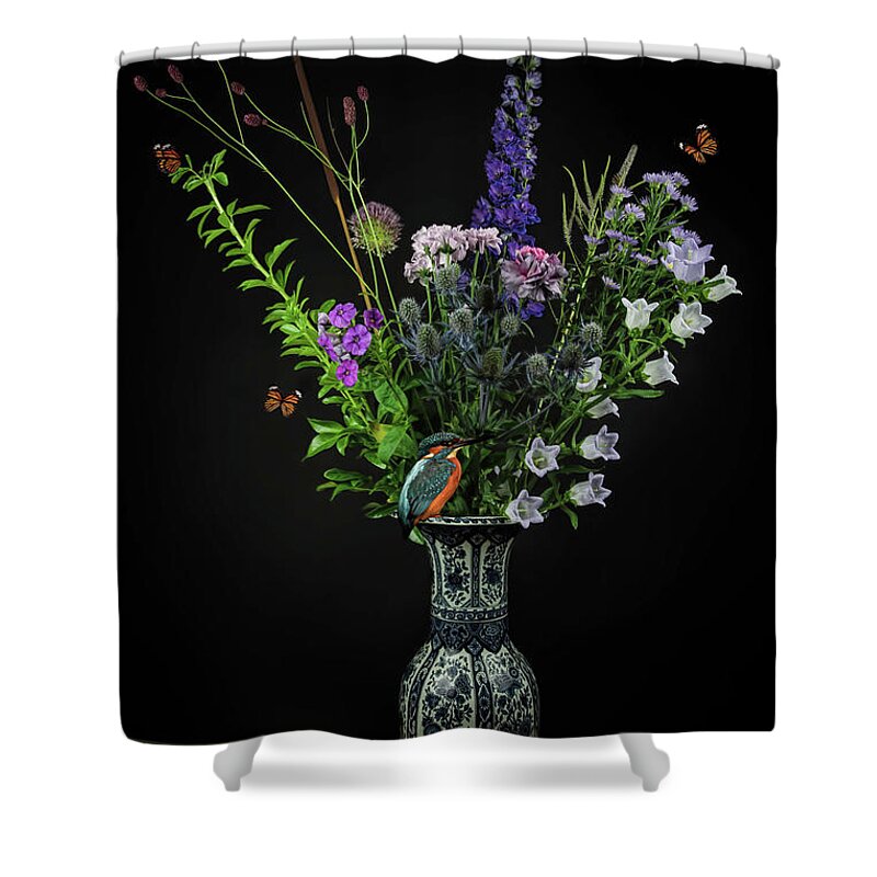 Still Life Shower Curtain featuring the digital art Still life Bouquet of flowers Kingfisher with butterflies by Marjolein Van Middelkoop