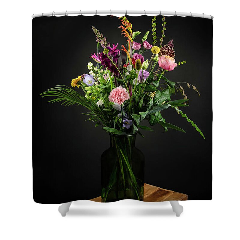 Still Life Shower Curtain featuring the digital art Still life field bouquet in a vase by Marjolein Van Middelkoop