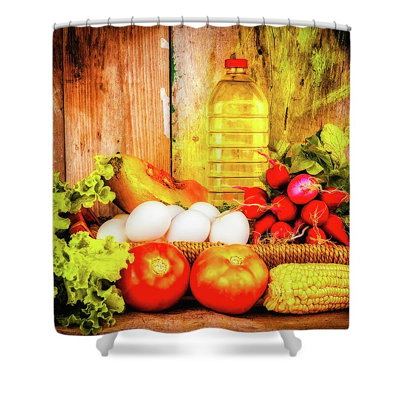 Still Life Shower Curtain featuring the photograph Still life with fresh vegetables and eggs by Karel Miragaya