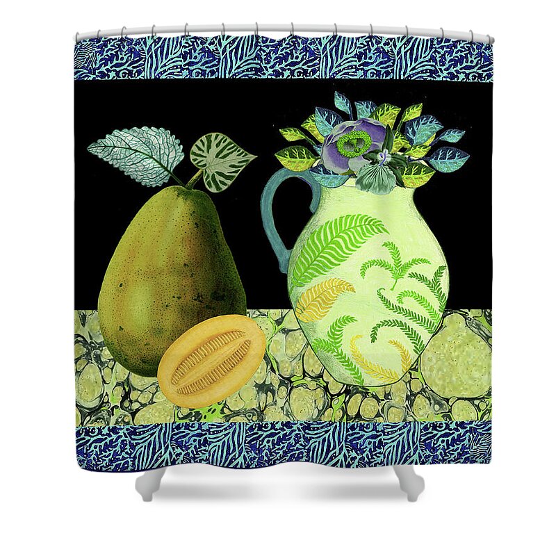 Still Life Shower Curtain featuring the mixed media Still Life with Pear and Maracuya by Lorena Cassady