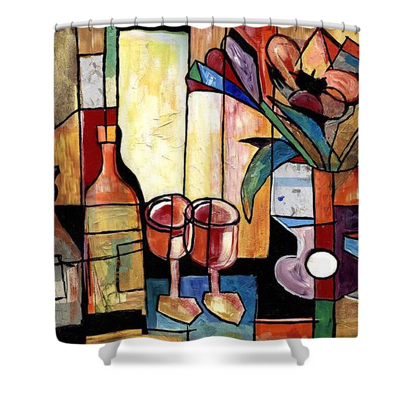 Everett Spruill Shower Curtain featuring the painting Still Life with Wine and Flowers for two take 2 by Everett Spruill