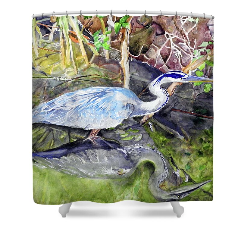 Blue Heron Shower Curtain featuring the painting Still Water by Barbara F Johnson