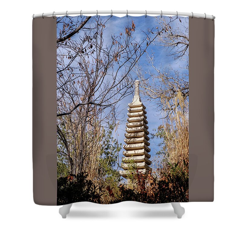 Stone Shower Curtain featuring the photograph Stone Pagoda at Sasebo Japanese Garden in Albuquerque by Mary Lee Dereske