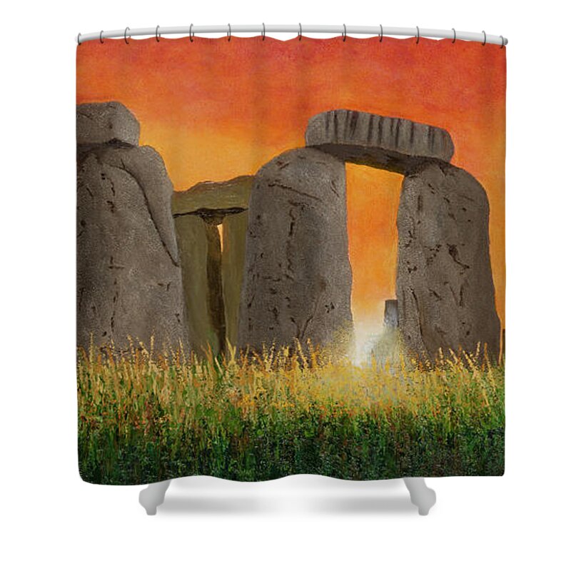Stonehenge Shower Curtain featuring the painting Stonehenge Sunrise, 1328AD by Garry McMichael