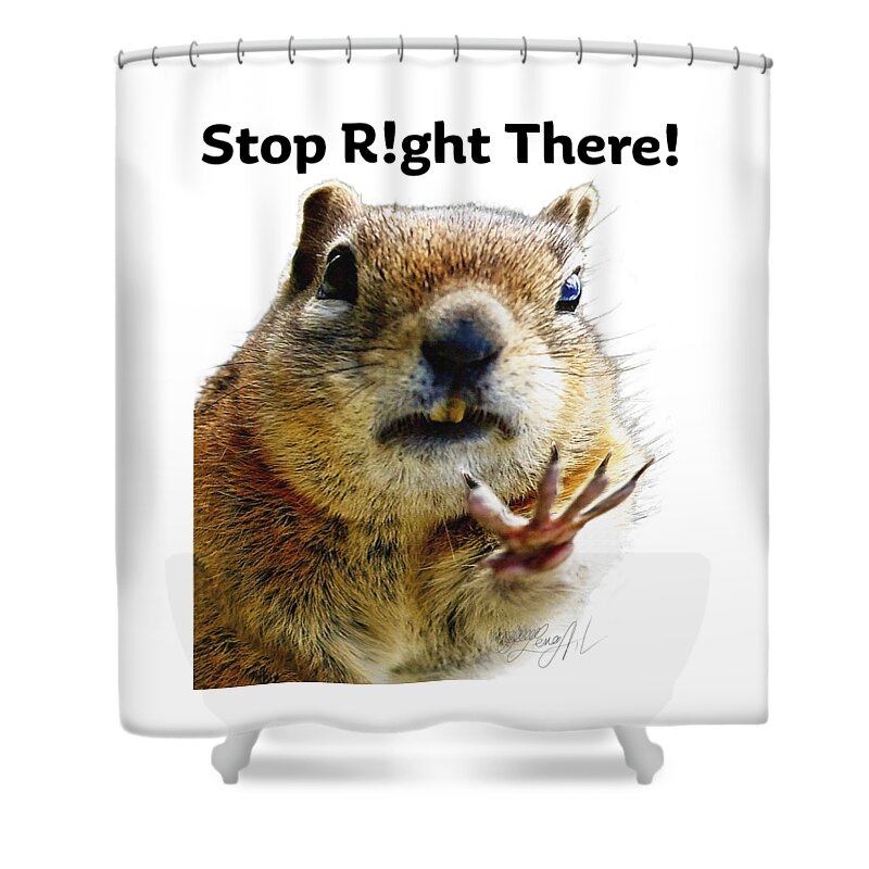 Talk To The Hand Shower Curtain featuring the photograph Stop Right There - Chipmunk Body Language with Typography by Lena Owens - OLena Art Vibrant Palette Knife and Graphic Design