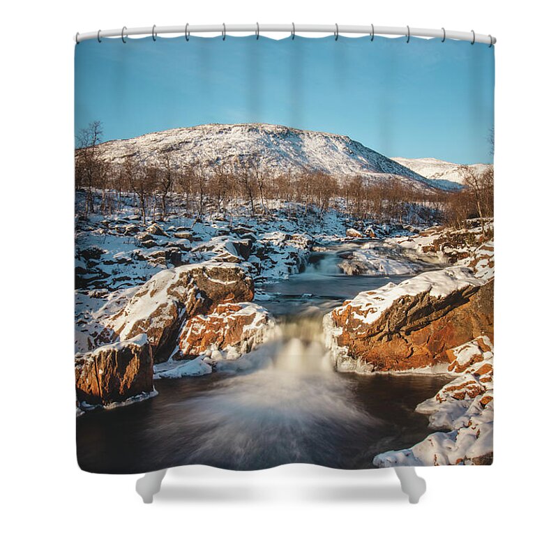 Tourism Shower Curtain featuring the photograph Storforsen waterfall in Silsand, Senja, Norway by Vaclav Sonnek