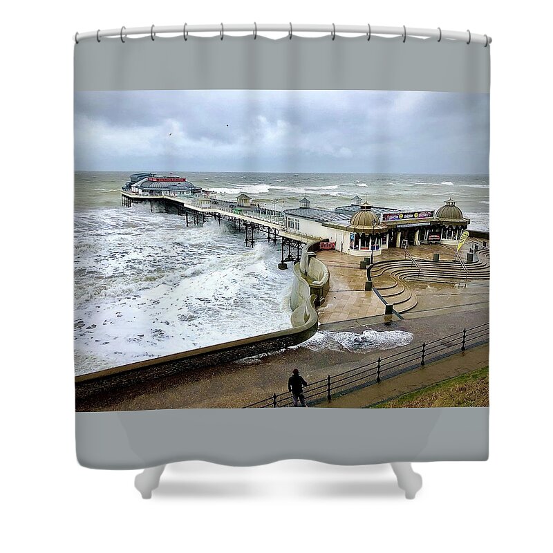  Shower Curtain featuring the photograph Storm Armen at Cromer Pier by Gordon James