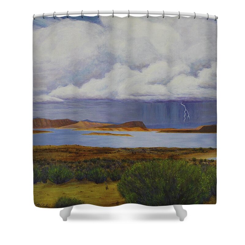 Kim Mcclinton Shower Curtain featuring the painting Storm at Lake Powell- center panel of three by Kim McClinton
