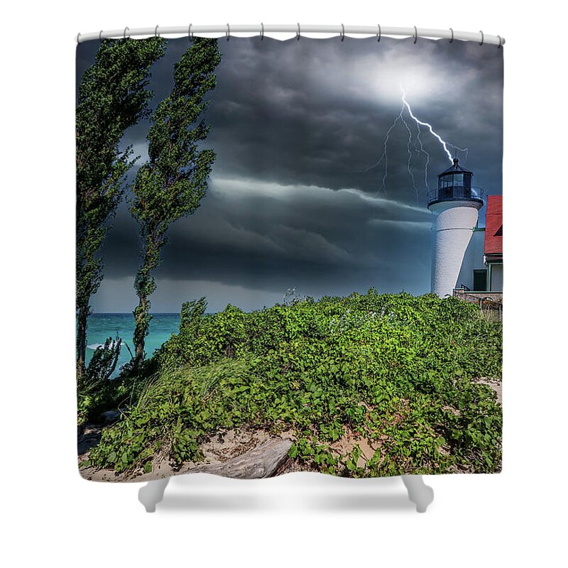 Northernmichigan Shower Curtain featuring the photograph Storm at Point Betsie Lighthouse IMG_2623 by Michael Thomas