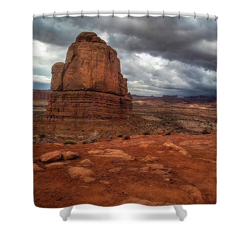 Arches National Park Shower Curtain featuring the photograph Storm Clouds over Arches National Park in Moab Utah by Ronda Kimbrow