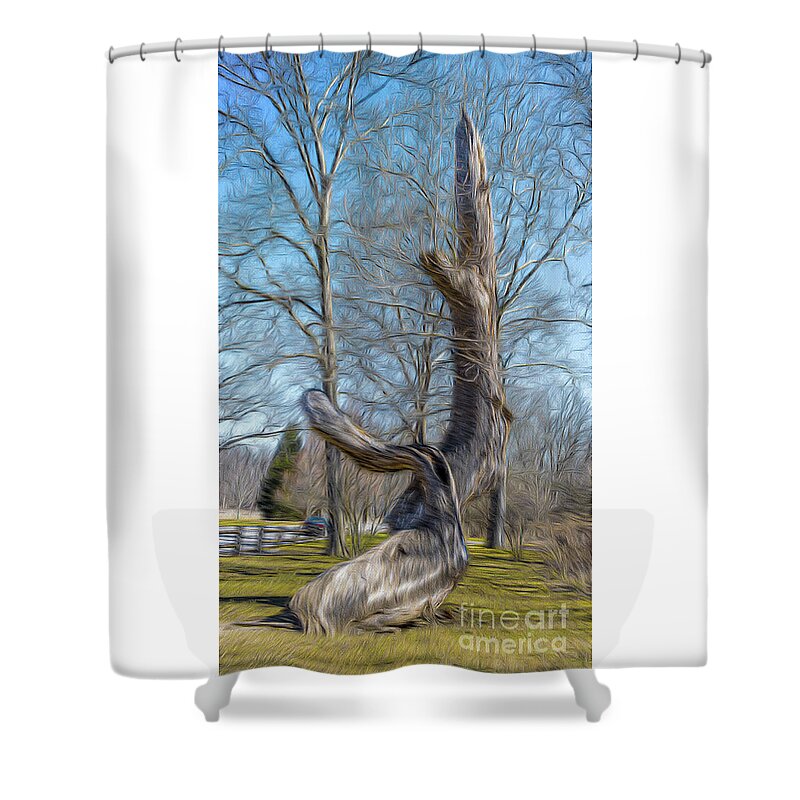 Outdoor Shower Curtain featuring the pyrography Storm in the forest by Joseph Miko