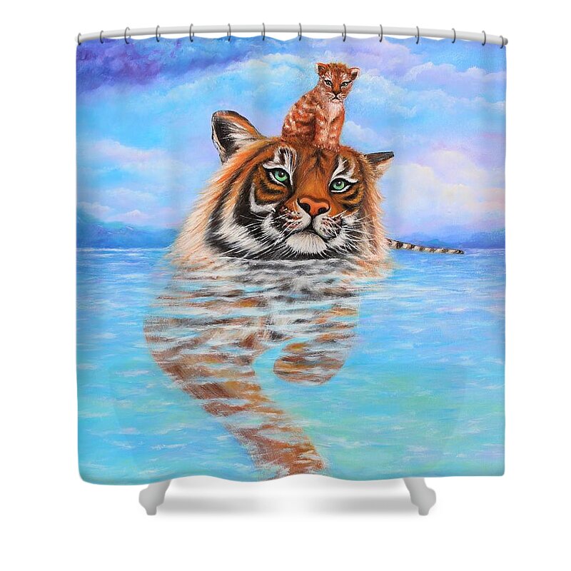 Wall Art Home Decor Tiger Baby Tiger Blue Sky Blue Water Clouds Stormy Clouds Lake Gift For Him Gift For Her Art Gallery Siberian Tiger Amur Tiger Shower Curtain featuring the photograph Storm is Coming by Tanya Harr