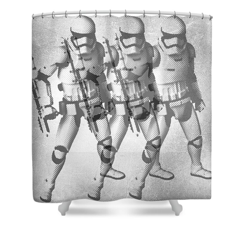 Storm Trooper Shower Curtain featuring the painting Storm Trooper Star Wars Elvis Warhol by Tony Rubino