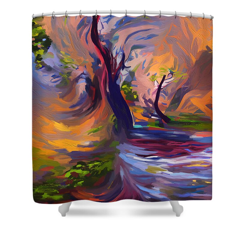 Stormy Weather Shower Curtain featuring the mixed media Stormy River Greet by Ann Leech