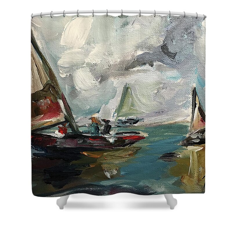 Sailboat Painting Shower Curtain featuring the painting Stormy Sails by Roxy Rich