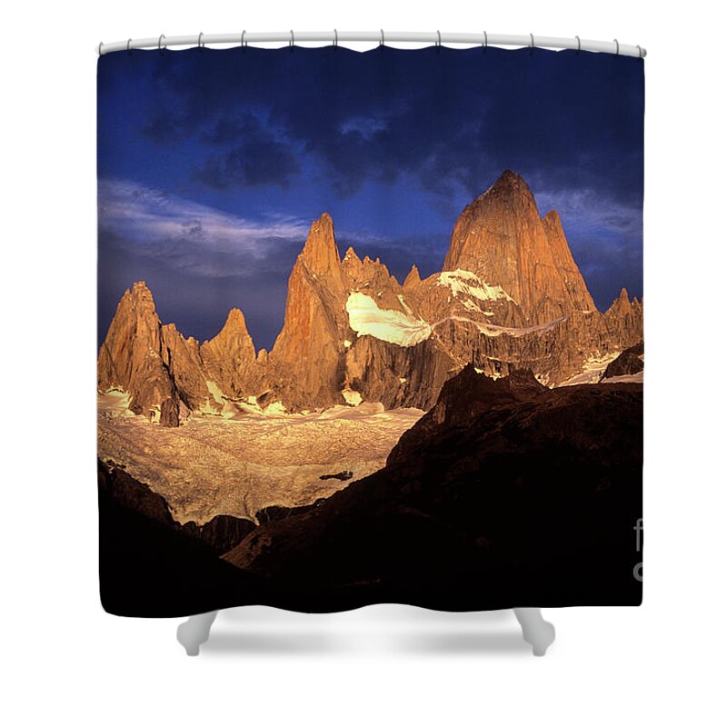 Patagonia Shower Curtain featuring the photograph Stormy sunrise over Mt FitzRoy Patagonia Argentina by James Brunker