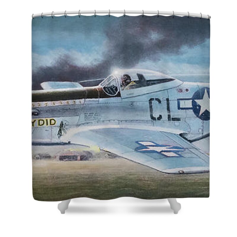 Aviation Shower Curtain featuring the painting Strafing Mustang by Douglas Castleman