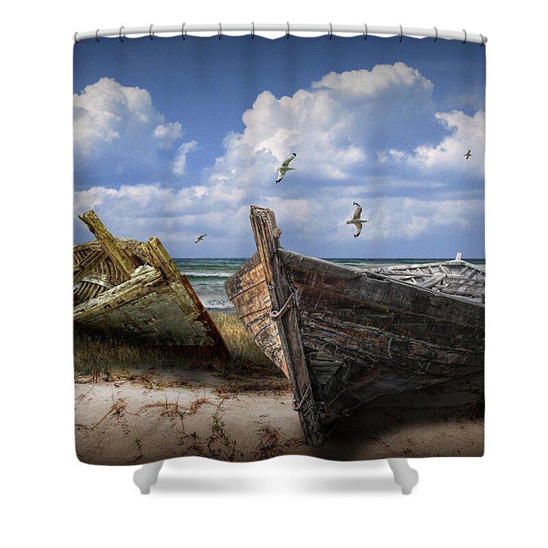 Boat Shower Curtain featuring the photograph Stranded Boats on a Beach by Randall Nyhof