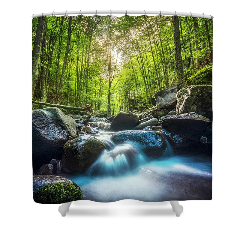 Waterfall Shower Curtain featuring the photograph Stream waterfall inside a forest. Tuscany by Stefano Orazzini