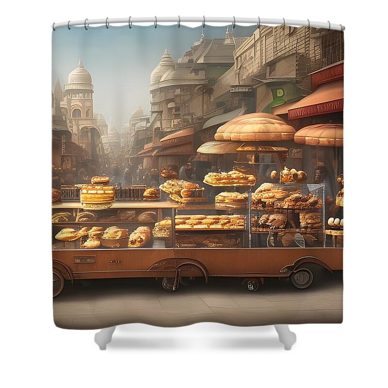 Digital Bread Pastry Cart Vendor Shower Curtain featuring the digital art Street Pastry Cart by Beverly Read