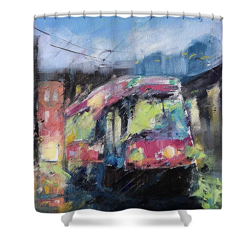 Streetcar Shower Curtain featuring the painting Streetcar 7pm by Sheila Romard