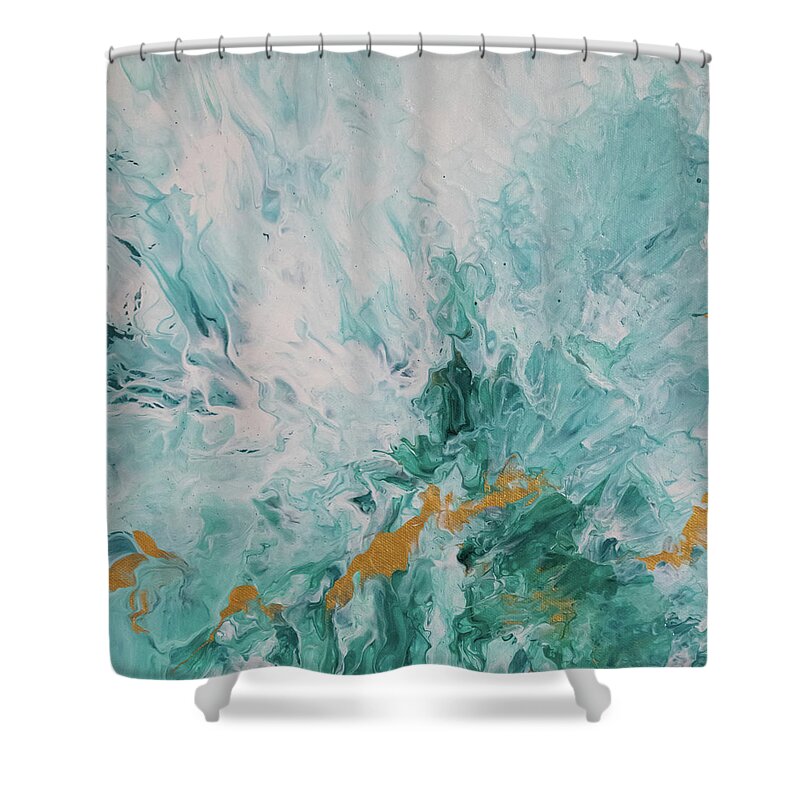 Green Shower Curtain featuring the mixed media Stretch of Gold by Aimee Bruno