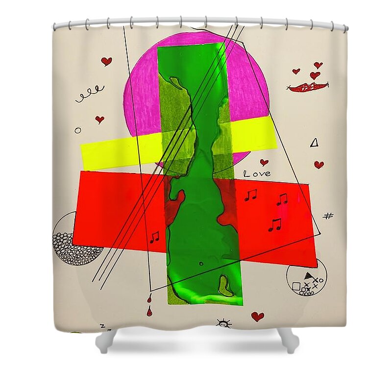  Shower Curtain featuring the mixed media Strings on Green 111415 by Lew Hagood