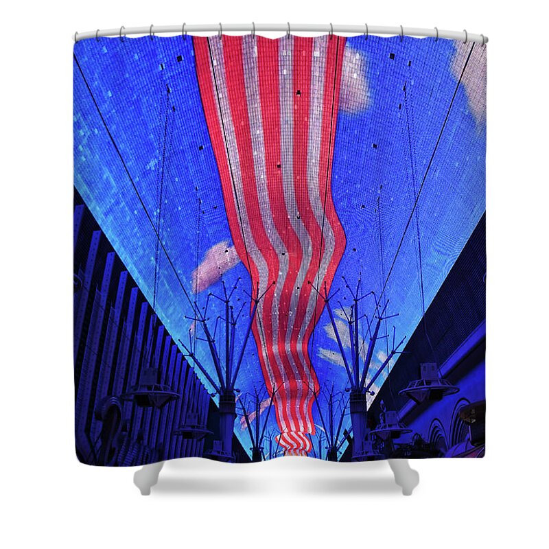 Night Shower Curtain featuring the photograph Stripes on Fremont Street Experience, Las Vegas by Tatiana Travelways
