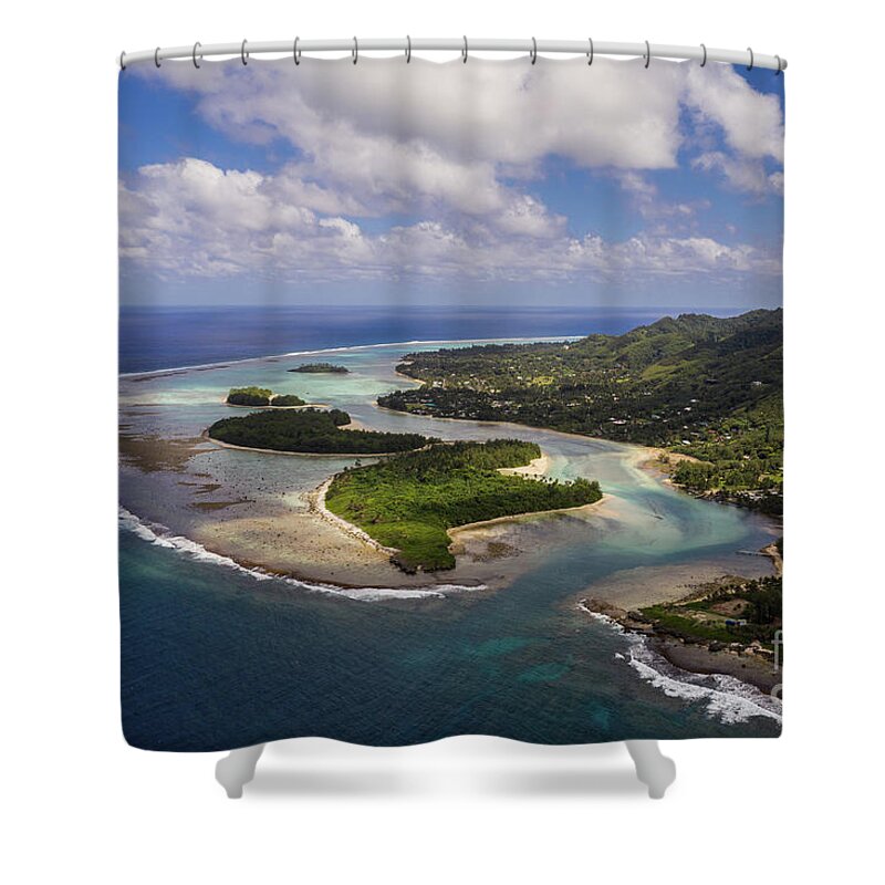 Muri Beach Shower Curtain featuring the photograph Stunning aerial view fo the Muri beach and lagoon, a famous vaca by Didier Marti