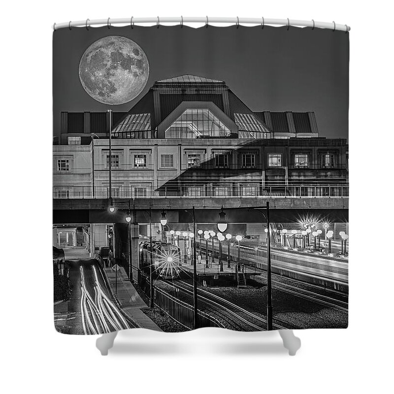 Super Moon Shower Curtain featuring the photograph Sturgeon Super Moon BW by Susan Candelario