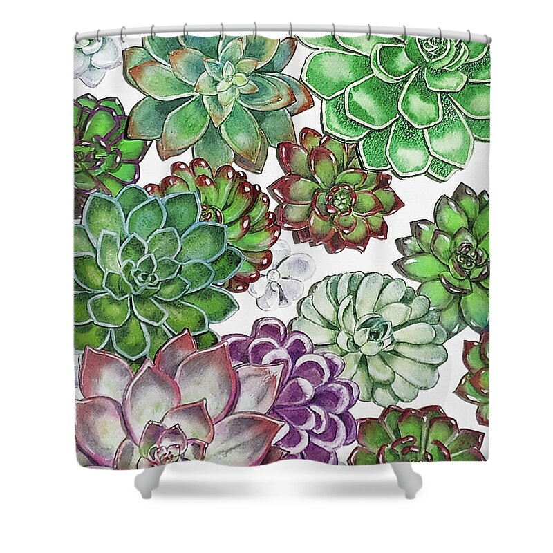 Succulent Shower Curtain featuring the painting Succulent Plants On White Wall Contemporary Garden Design V by Irina Sztukowski