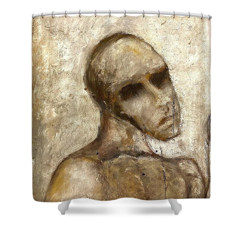 Deliberately Cut Canvas Of Grotesque Reassembled Figure. Shower Curtain featuring the painting Suffering by David Euler