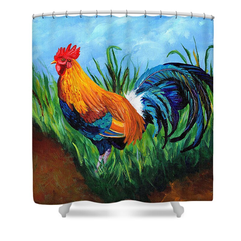 Rooster Painting Shower Curtain featuring the painting Sugar Cane Rooster by Marionette Taboniar
