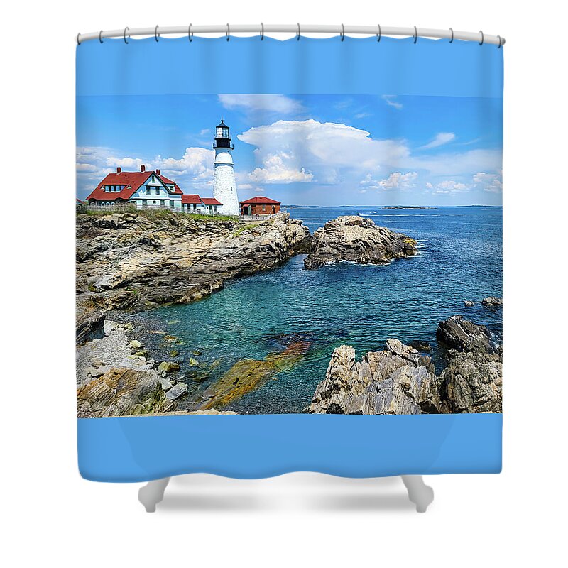 Portland Head Shower Curtain featuring the photograph Summer at Portland Head Lighthouse by Ron Long Ltd Photography