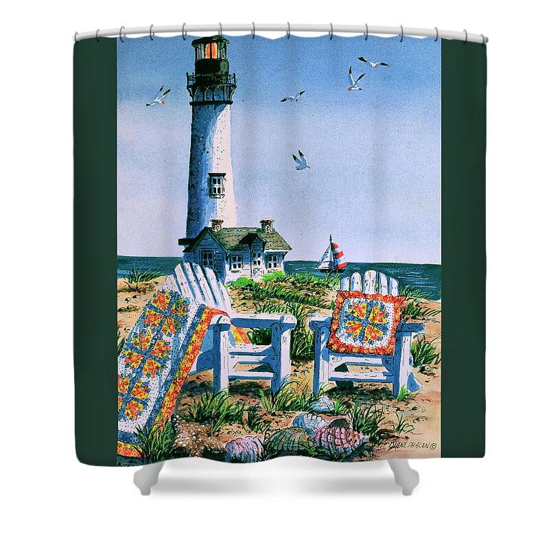 Lighthouse Shower Curtain featuring the painting Summer at the Shore by Diane Phalen