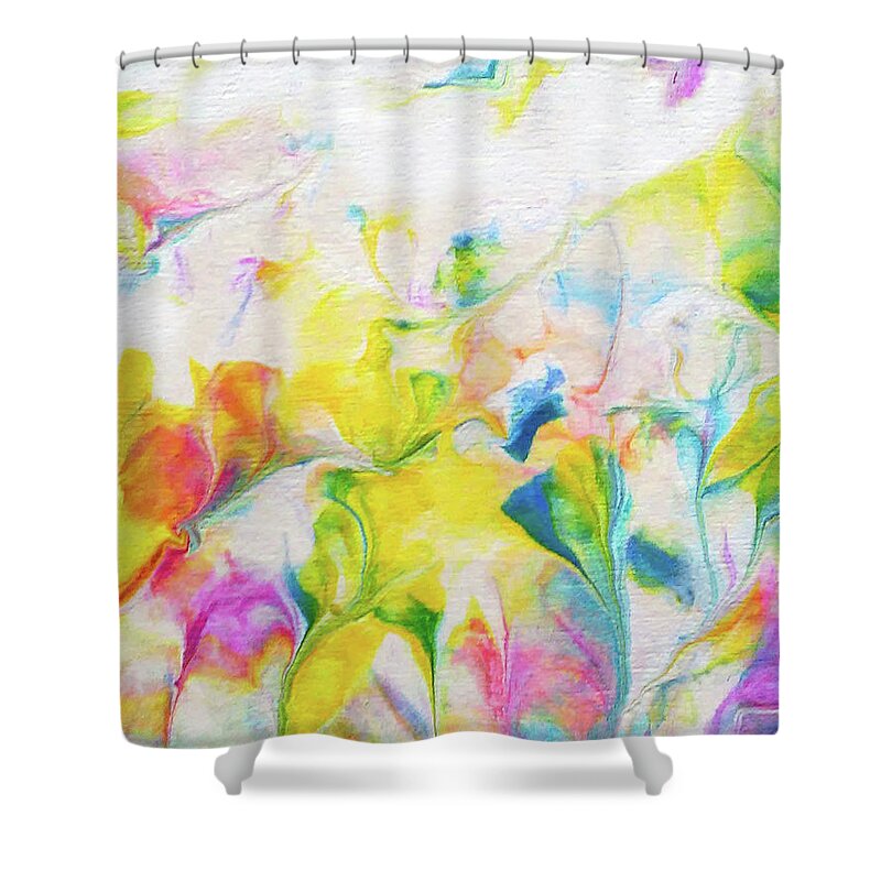 Abstract Floral Happy Yellows Pinks Blues Acrylic Shower Curtain featuring the painting Summer Bloom by Deborah Erlandson